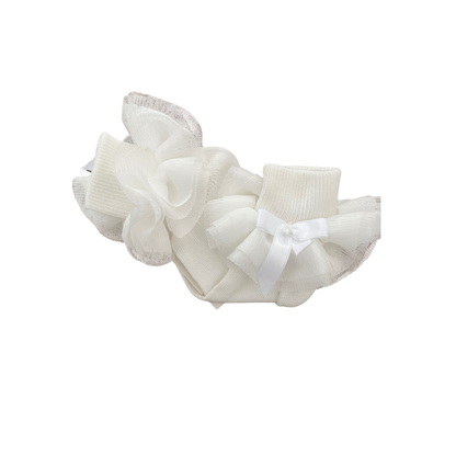 baby ruffle socks, ivory baby socks, Mayoral baby socks, lace cuff baby socks, socks with ribbon bow, christening baby socks, boutique baby accessories, mayoral
