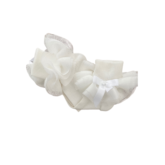 baby ruffle socks, ivory baby socks, Mayoral baby socks, lace cuff baby socks, socks with ribbon bow, christening baby socks, boutique baby accessories, mayoral