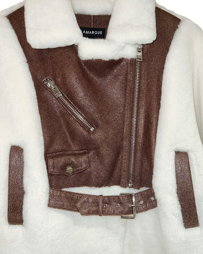 Ivory w Faux Brown Leather & Faux Fur Jacket