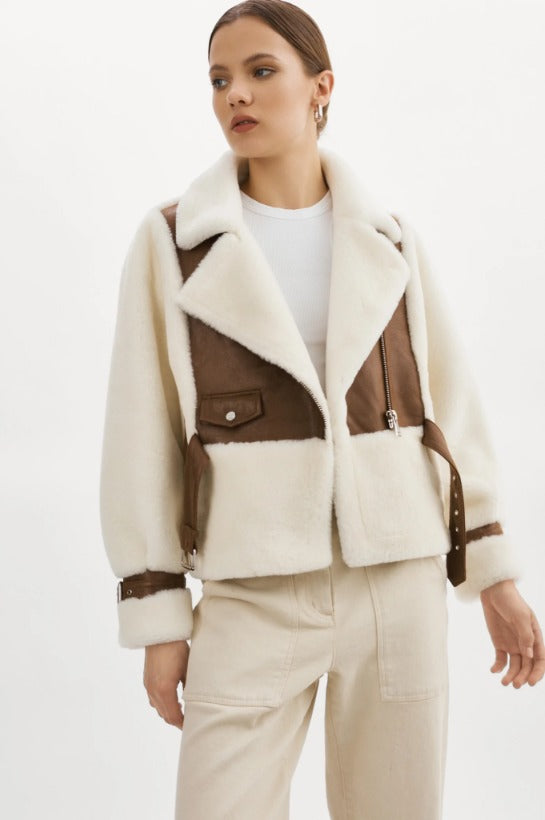 Ivory w Faux Brown Leather & Faux Fur Jacket