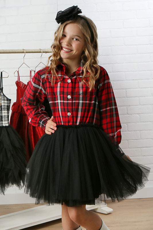 Red/Black Plaid Rhinestone Button Down Long Sleeve Shirt Tulle Skirt Dress