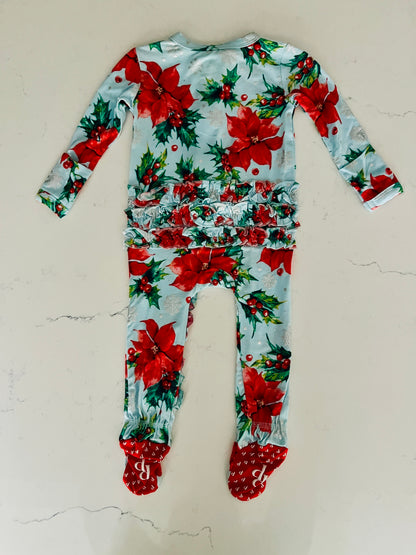 Posh Peanut-Light Patel Blue Poinsettia Zippered One Piece-Baby Girls’ Christmas & Holiday Pajamas