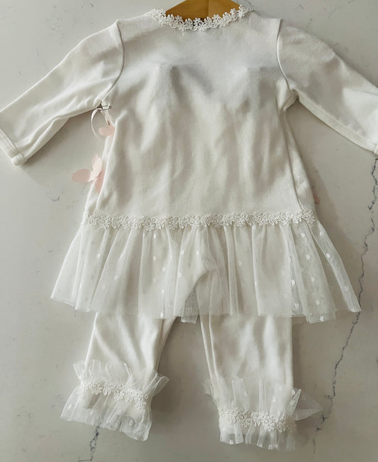 3pc Ivory Set with Pink Scattered Butterflies w Headband