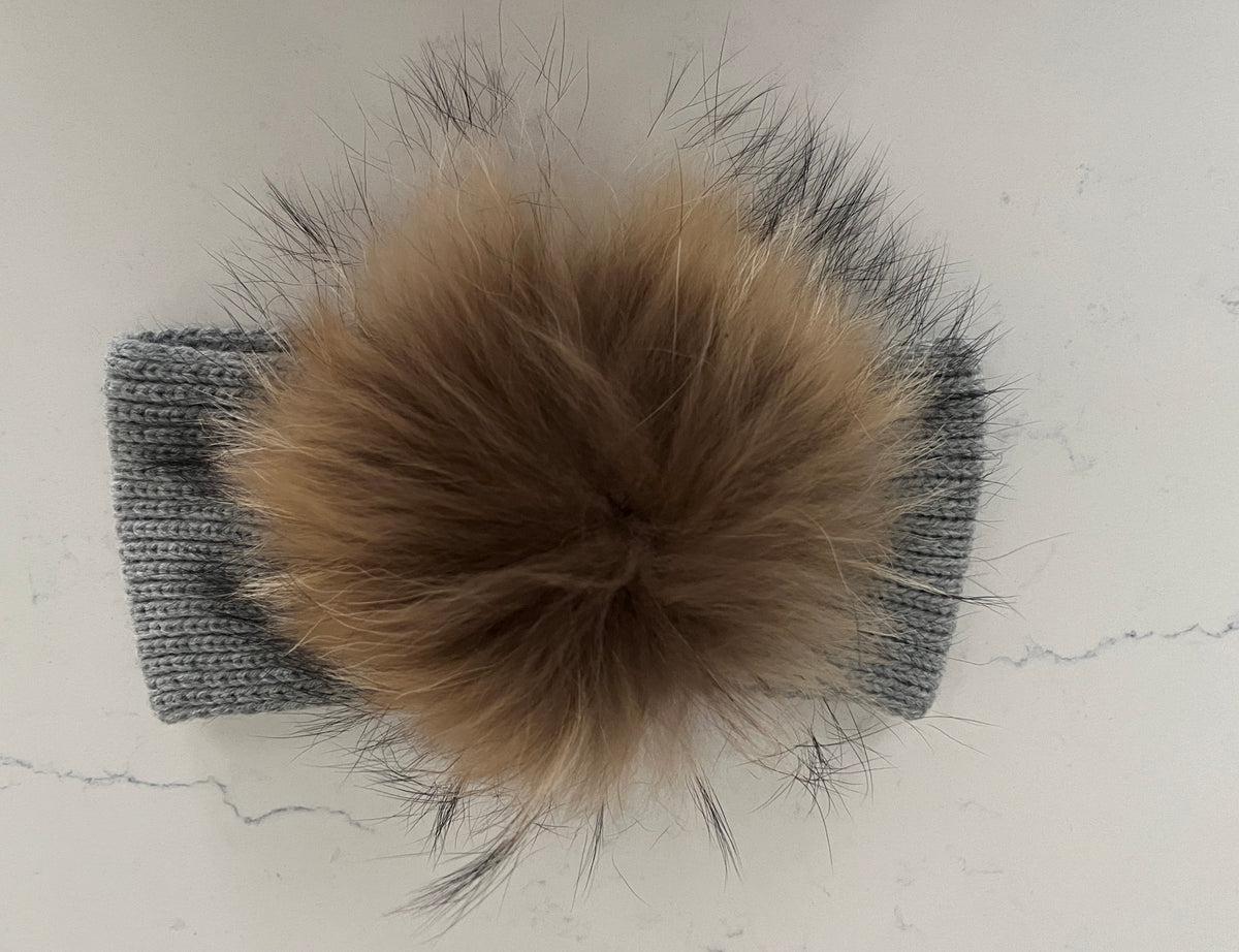 Light Grey Knitted Ear Warmer w Fur Pom Pom - Girls’ Cozy Winter Headband