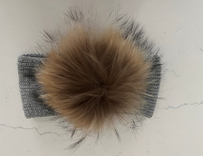 Light Grey Knitted Ear Warmer w Fur Pom Pom - Girls’ Cozy Winter Headband