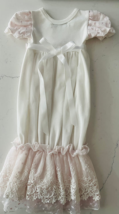 2pc White w Pink Tulle Under Lace Sack Gown w Headband