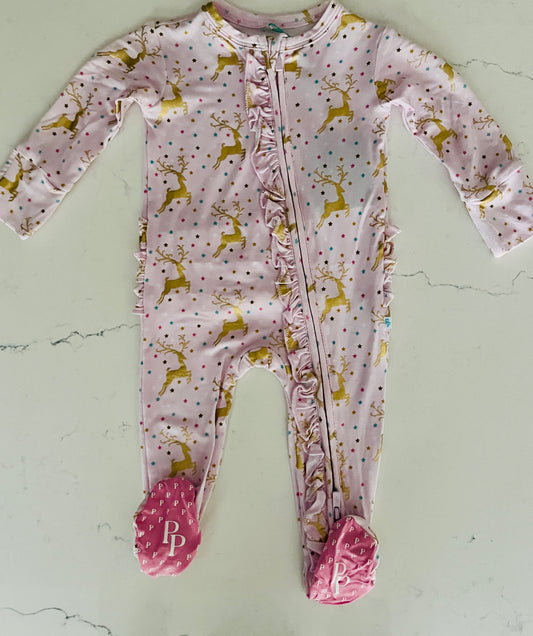 Posh Peanut-Ryleigh Footie Ruffled Zippered One Piece-Reindeer Christmas Holiday Baby Pajamas