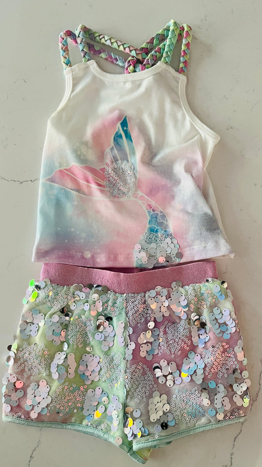 2pc Mermaid Tail Top w Iridescent shorts