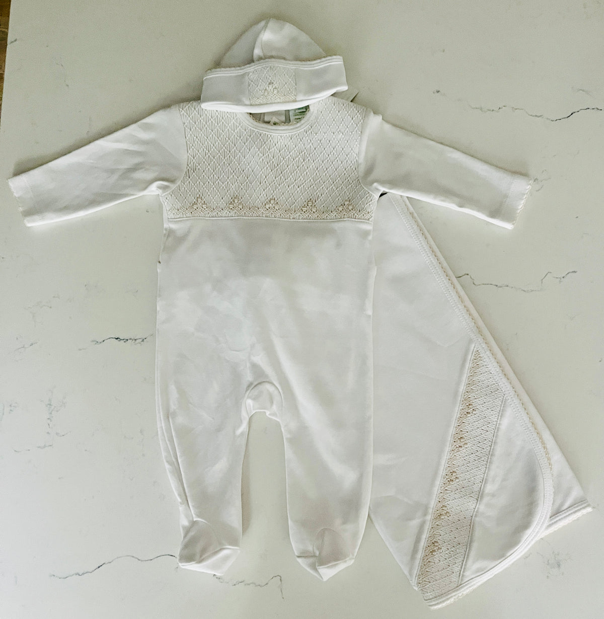 Baby Threads 3-Piece White Footie, Hat and Blanket Set with Ecru Smocking