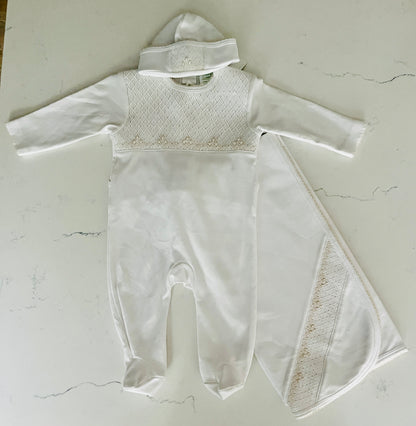 Baby Threads 3-Piece White Footie, Hat and Blanket Set with Ecru Smocking