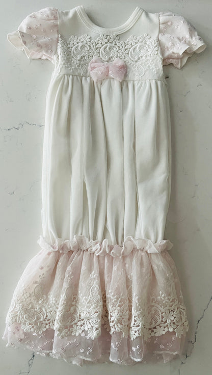 2pc White w Pink Tulle Under Lace Sack Gown w Headband