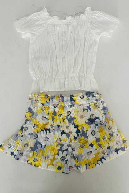 2pc SS Top w Elastic Waist, Yellow Multi Short w Flower Pattern