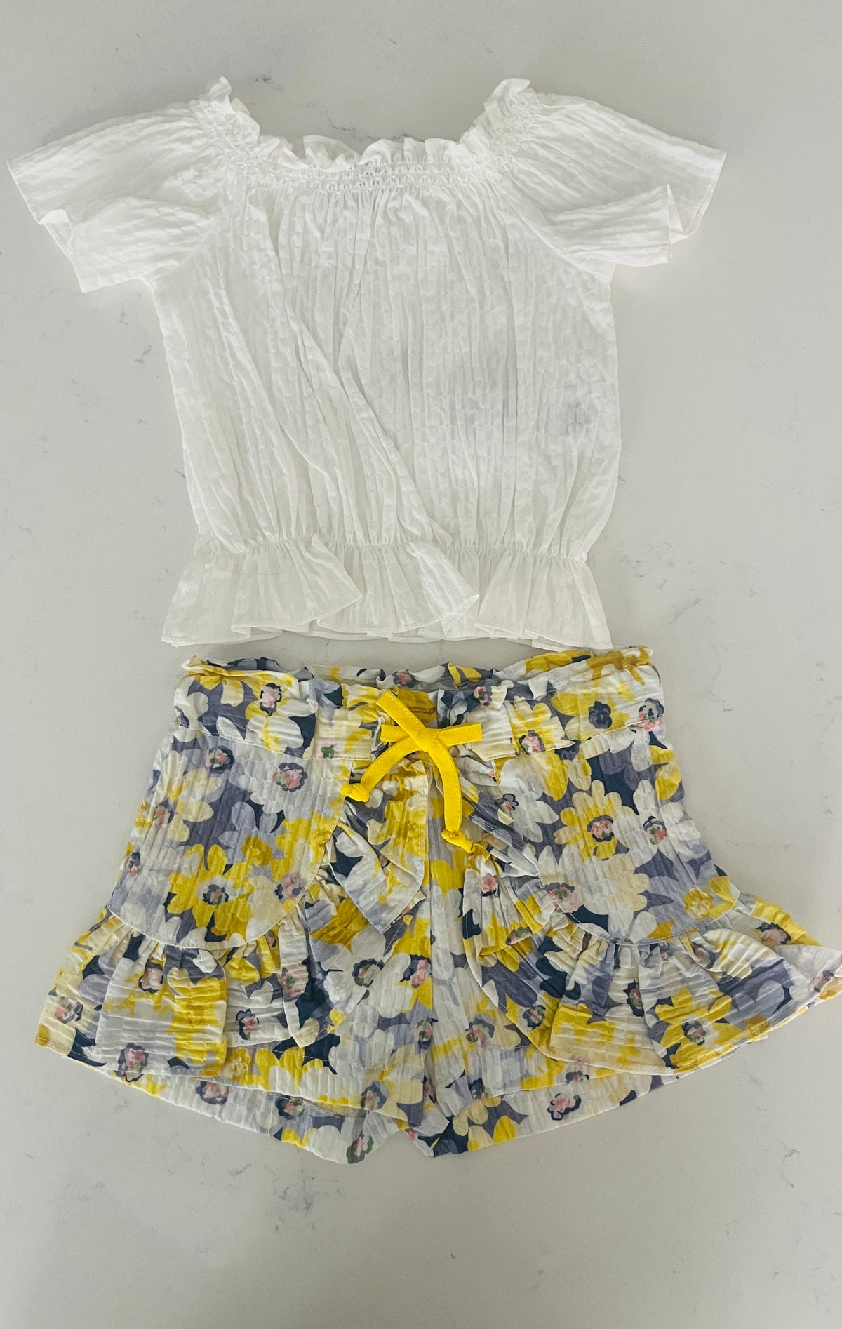 2pc SS Top w Elastic Waist, Yellow Multi Short w Flower Pattern