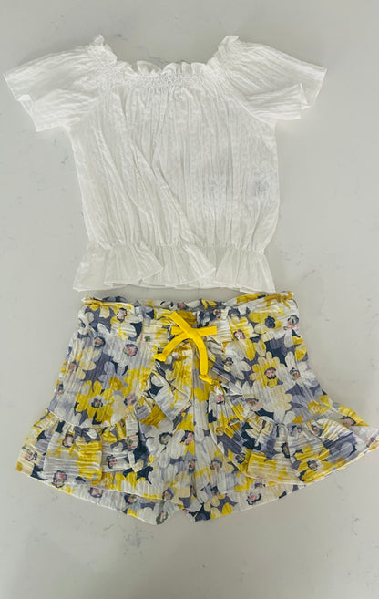 2pc SS Top w Elastic Waist, Yellow Multi Short w Flower Pattern