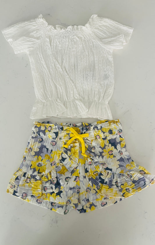 2pc SS Top w Elastic Waist, Yellow Multi Short w Flower Pattern