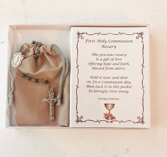 Simply Charming Silver Hematite Pearl Bead & Chain Rosary with Poem Card-First Communion Religious Gift