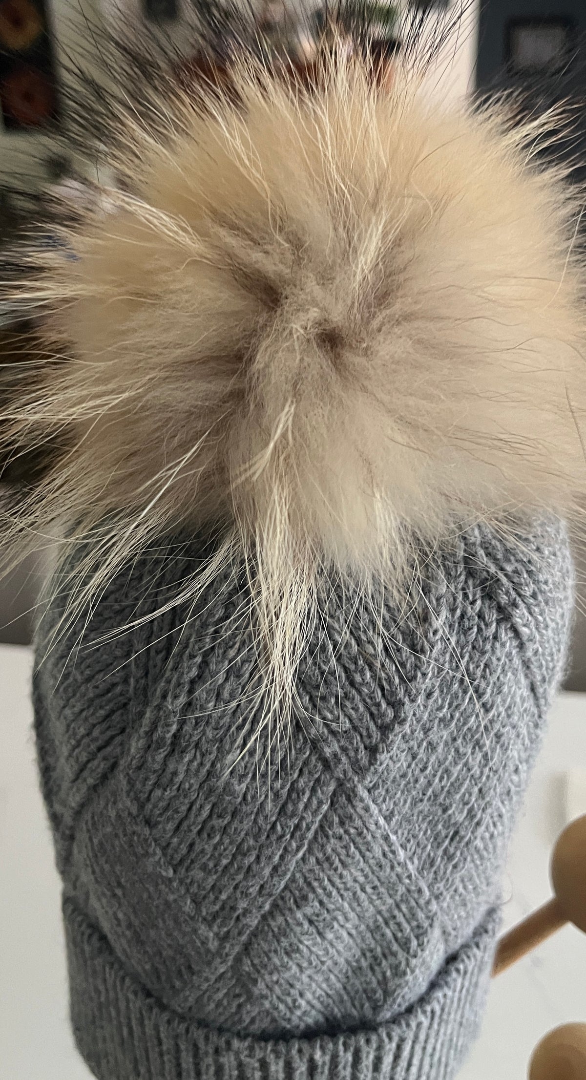 Melina’s Light Grey Cable Knit Cashmere Hat with Genuine Detachable Raccoon Pom Pom-Women’s Winter Hat