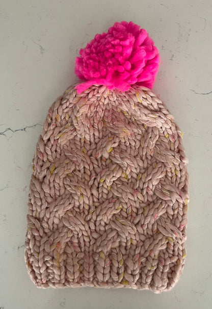 White Knit Hat with Blue Pom Pom or Pink Knit Hat with Hot Pink Pom Pom - Girls’ Winter Hat