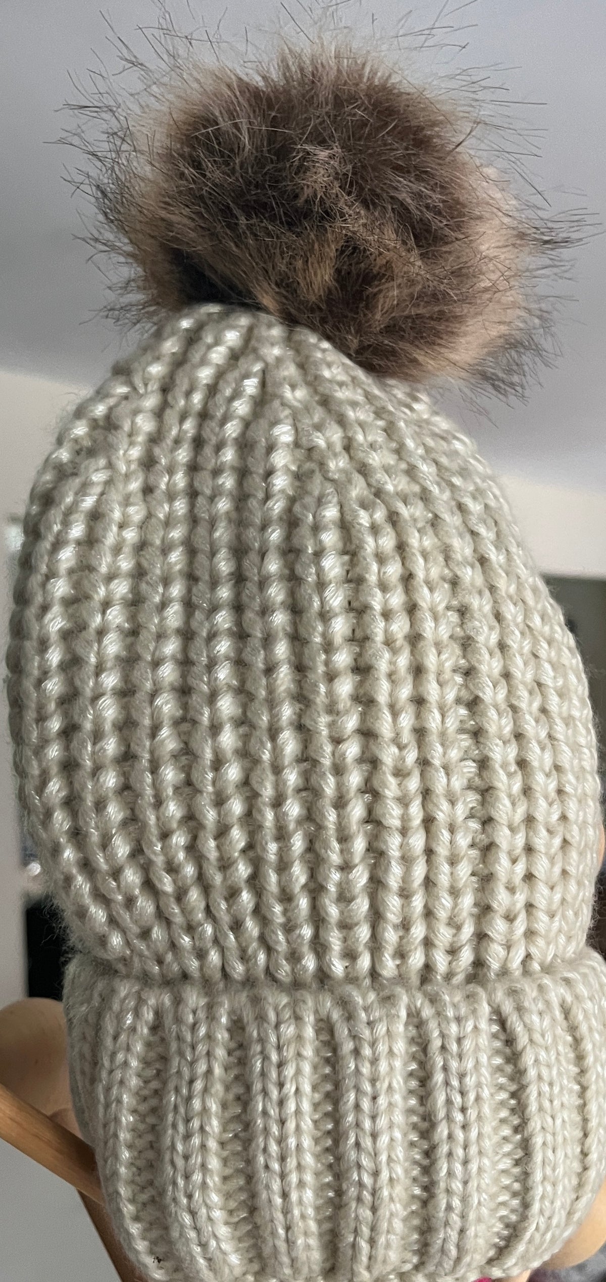 Beige Knit Winter Hat with Faux Fur Pom Pom - Women’s Cozy Cold Weather Hat