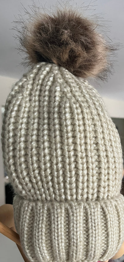 Beige Knit Winter Hat with Faux Fur Pom Pom - Women’s Cozy Cold Weather Hat