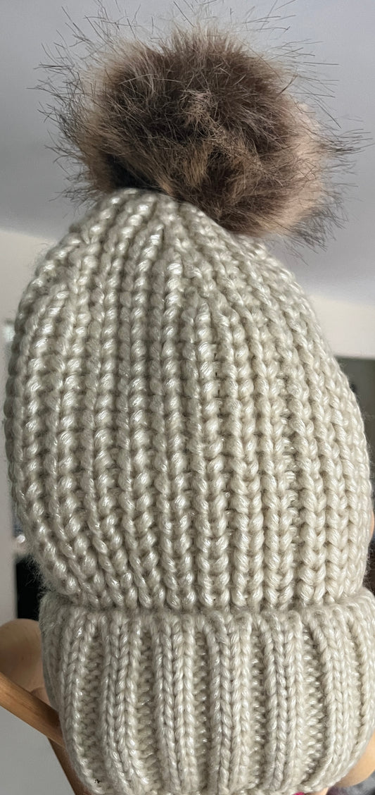 Beige Knit Winter Hat with Faux Fur Pom Pom - Women’s Cozy Cold Weather Hat
