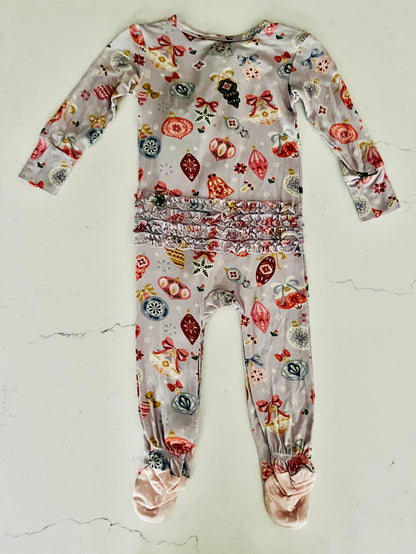Posh Peanut Light Purple Holly Ruffled Zippered Footie  - Baby Girls’ Christmas Pajamas