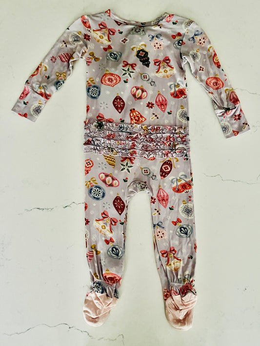 Posh Peanut Light Purple Holly Ruffled Zippered Footie  - Baby Girls’ Christmas Pajamas