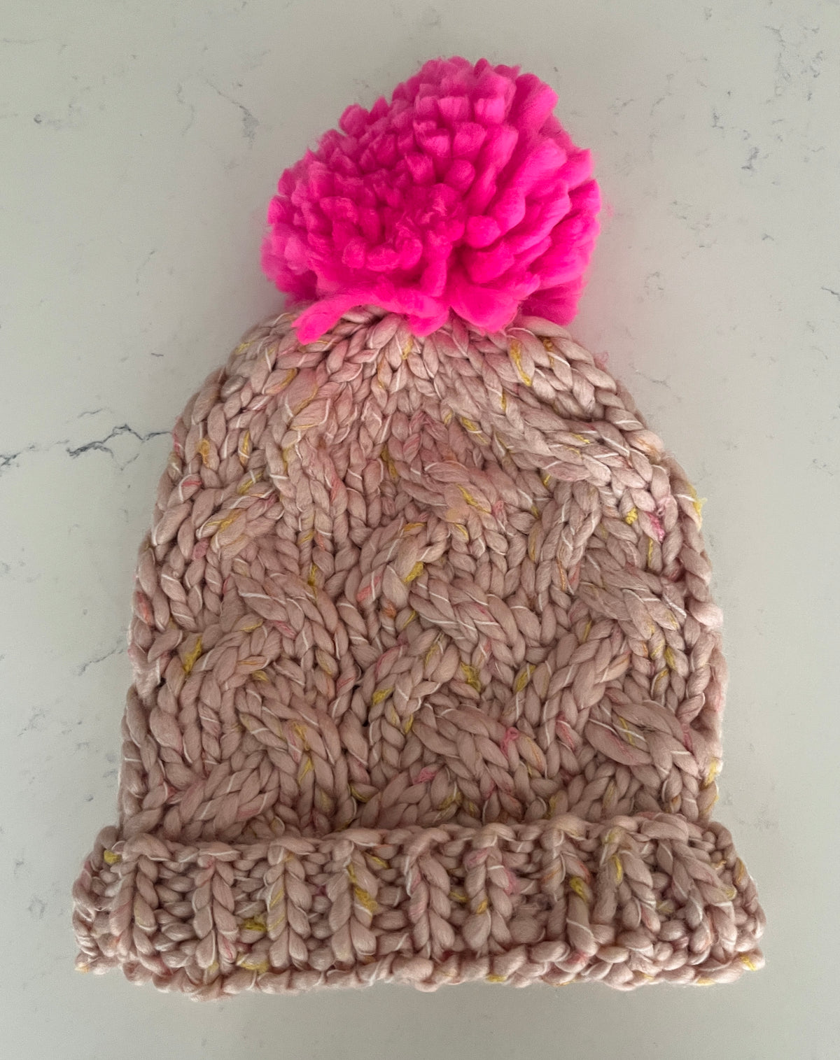 White Knit Hat with Blue Pom Pom or Pink Knit Hat with Hot Pink Pom Pom - Girls’ Winter Hat