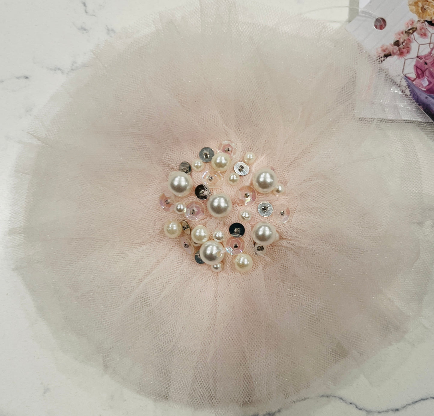 Lt Pink Tulle Hair Clip w Pearl Cluster