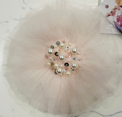 Lt Pink Tulle Hair Clip w Pearl Cluster