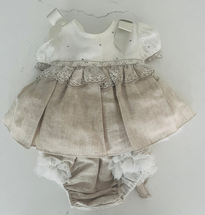 2pc Beige/White Dress w Bloomer