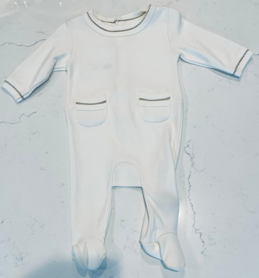 Sippy’s Babes Cream Footed Romper with Tan Fagoting