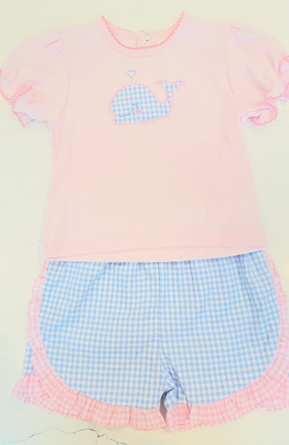 2pc Lt Blue Check w Pink Whale Top