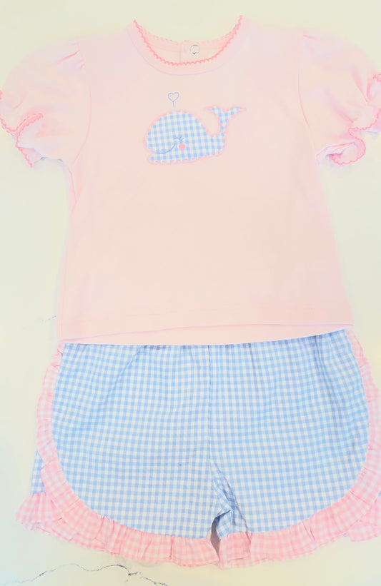 2pc Lt Blue Check w Pink Whale Top