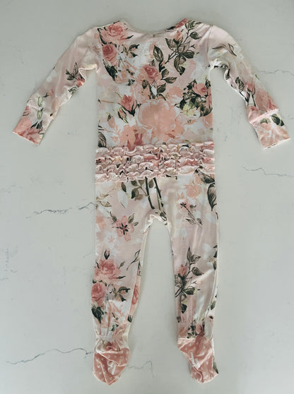 Posh Peanut Vintage Pink Rose Ruffled Zippered Footie w Headband- Baby Girls’ 2 pc Outfit