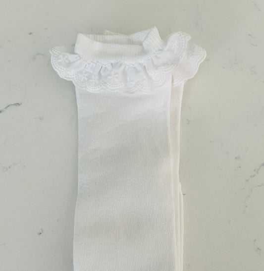 White Knee Hi Sock w English Lace
