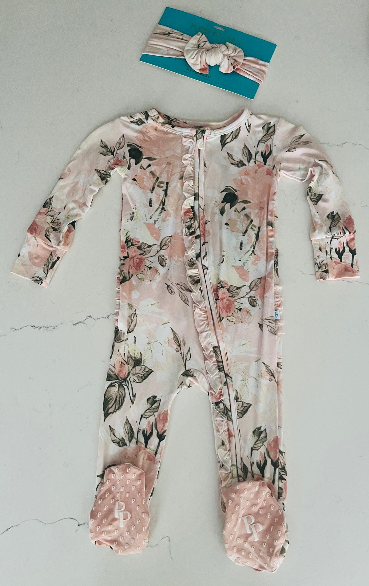 Posh Peanut Vintage Pink Rose Ruffled Zippered Footie w Headband- Baby Girls’ 2 pc Outfit