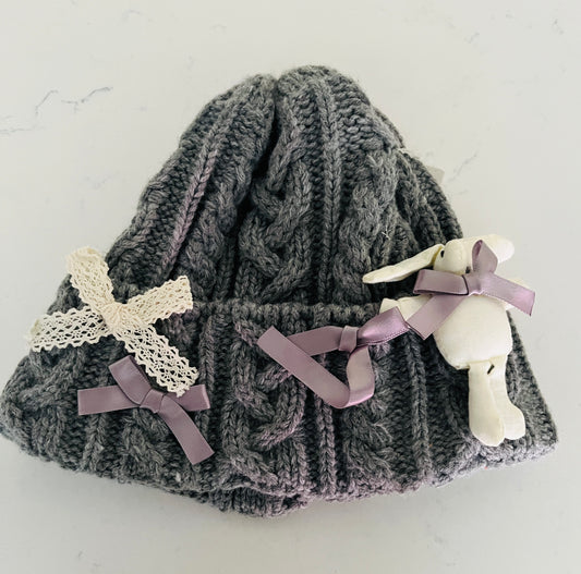 Grey Knit Girls Hat w Bow & Bunny decorations - Girls Winter Hat