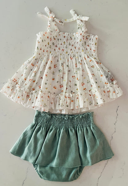 2pc Green Floral Blouse & Bloomers