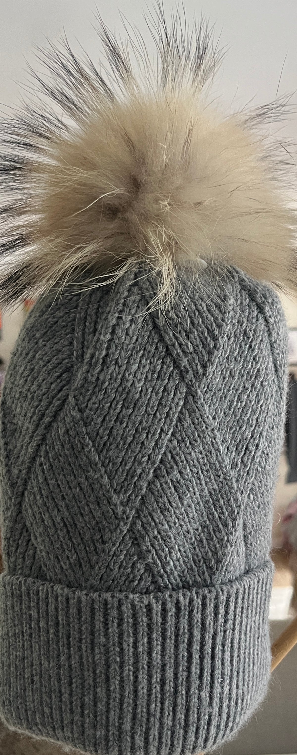 Melina’s Light Grey Cable Knit Cashmere Hat with Genuine Detachable Raccoon Pom Pom-Women’s Winter Hat