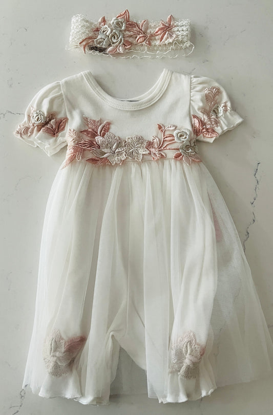 2pc Ivory SS Romper w Tulle & Headband