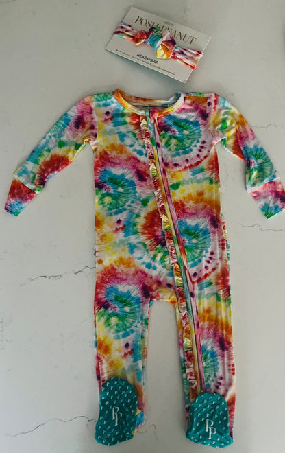 Posh Peanut Tie Dye Long Sleeve Zippered Footie with Headband - Baby Girls’ Outfit Set