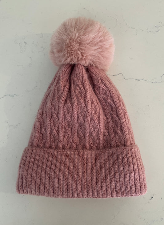 Blush Knit Winter Hat with Faux Fur Pom Pom - Women’s Cozy Cold Weather Hat