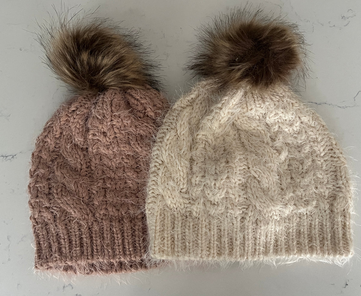Winter White or Blush Eyelash Knit Hat with Faux Fur Pom Pom - Women’s Cozy Winter Hat