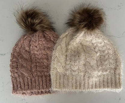 Winter White or Blush Eyelash Knit Hat with Faux Fur Pom Pom - Women’s Cozy Winter Hat