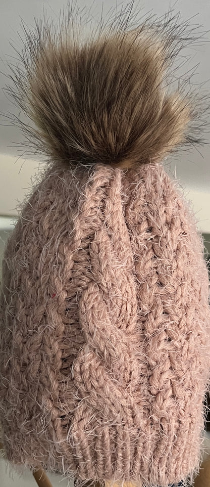 Winter White or Blush Eyelash Knit Hat with Faux Fur Pom Pom - Women’s Cozy Winter Hat