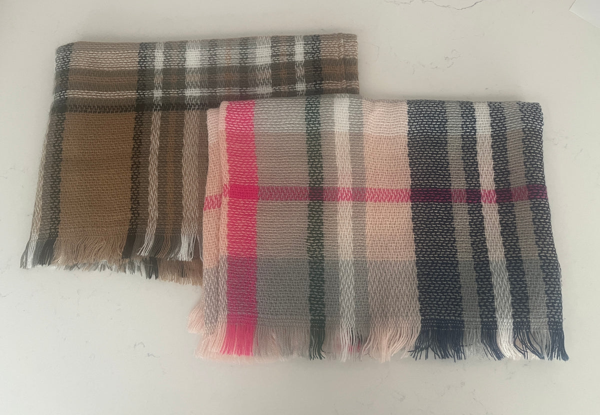 Beige or Pink Plaid Kids’ Scarf - Soft Neutral Winter Scarf for Boys & Girls
