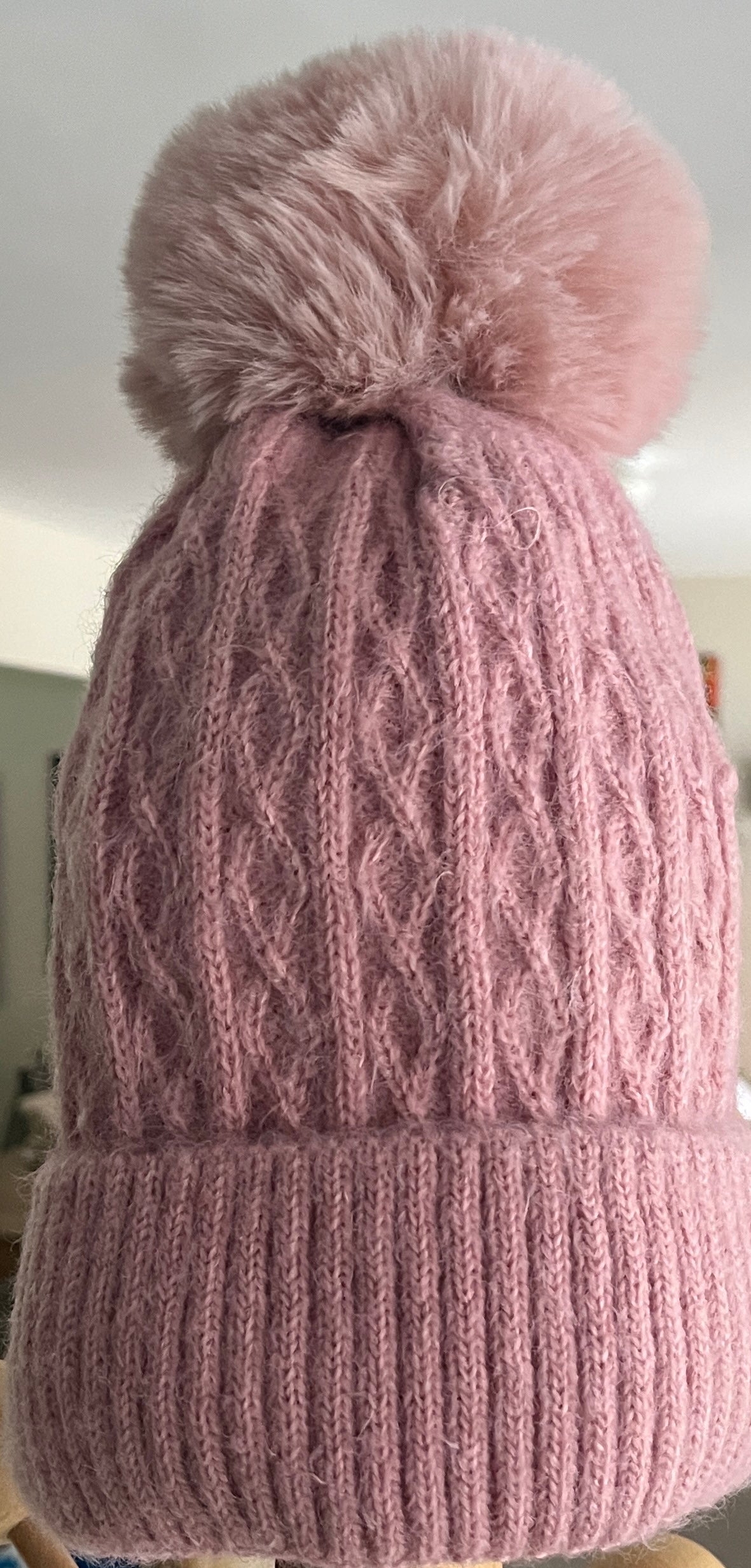Blush Knit Winter Hat with Faux Fur Pom Pom - Women’s Cozy Cold Weather Hat