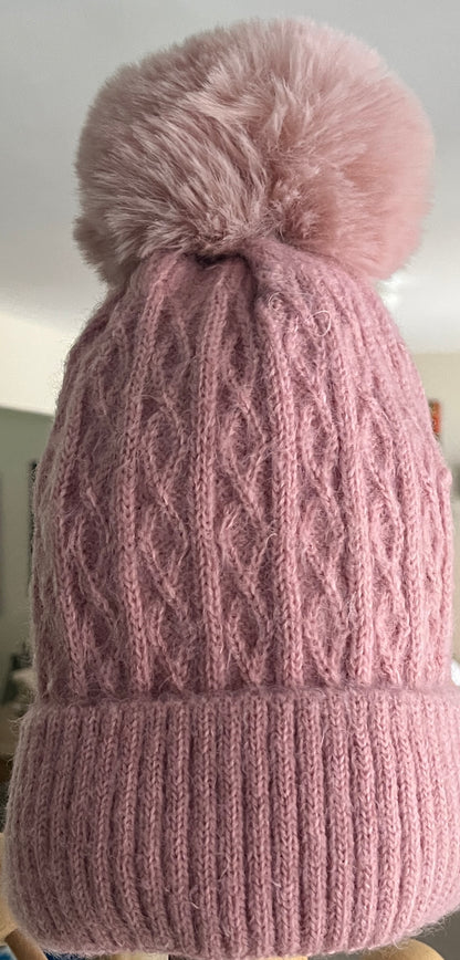 Blush Knit Winter Hat with Faux Fur Pom Pom - Women’s Cozy Cold Weather Hat
