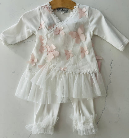 3pc Ivory Set with Pink Scattered Butterflies w Headband